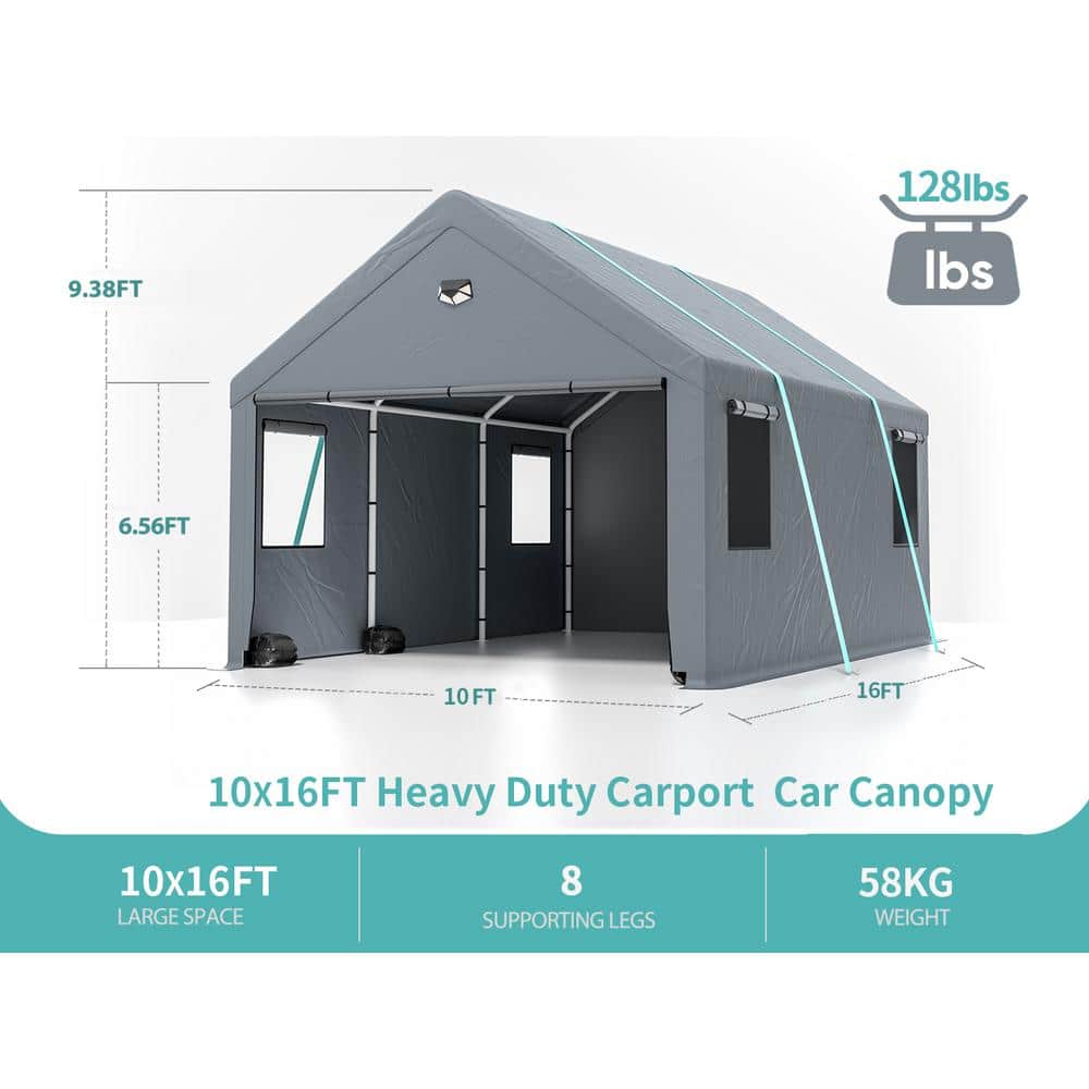 10' x 16' Gray Portable Carport Canopy with Windows