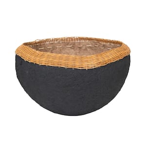 Black and Natural Decorative Handmade Paper Mache Bowl with Wicker Rim