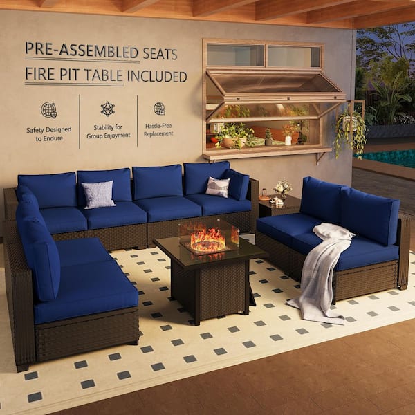 Hav Rattan 9p Stabenton 9-Piece Wicker Outdoor Patio Conversation Sectional Seating ...