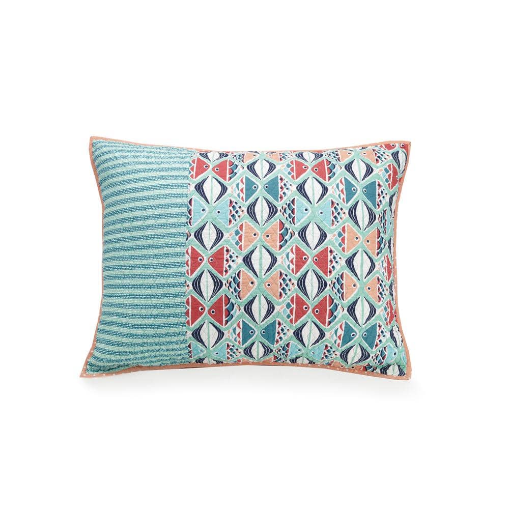 Teal and Coral Cotton King Sham with Artistic Fish Pattern