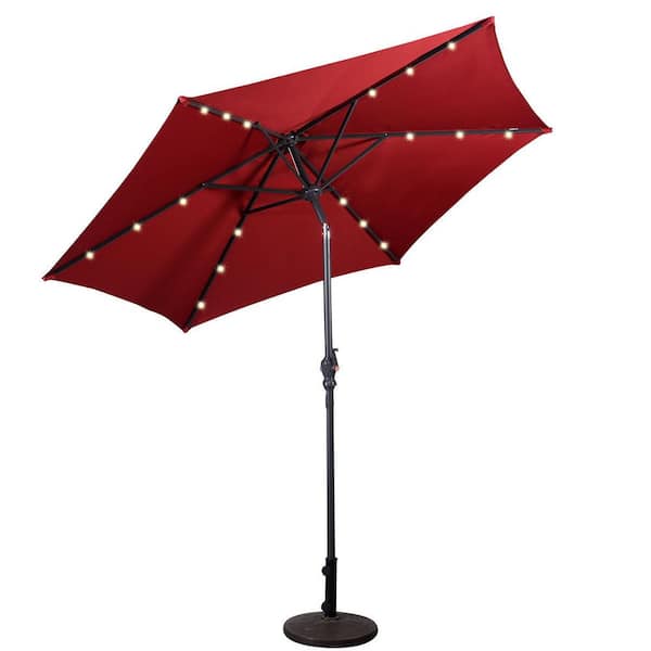 FORCLOVER 9 ft. Patio LED Solar Umbrella with Crank in Dark Red