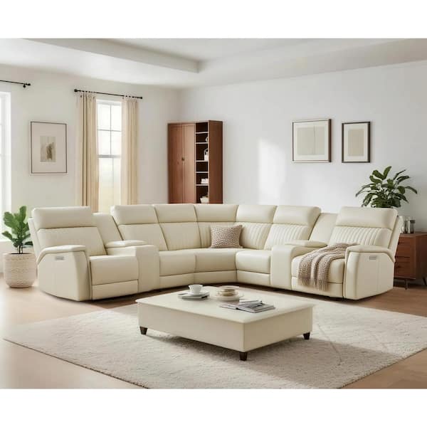 Cole 117 in. Genuine Leather Power Recliner Sectional Sofa with Console, Zero Gravity, 1 Power Armlesschair in Cream