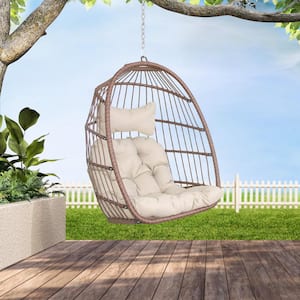 1-Person Brown PE Wicker Porch Swing Egg Chair with Beige Cushion