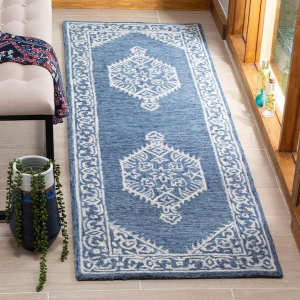 Micro-Loop Blue/Ivory 2 ft. x 7 ft. Medallion Floral Border Runner Rug