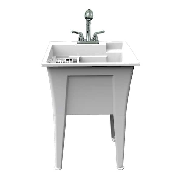 RUGGED TUB 24 in. x 22 in. Polypropylene White Laundry Sink with 2 Hdl Non Metallic Pullout Faucet and Installation Kit