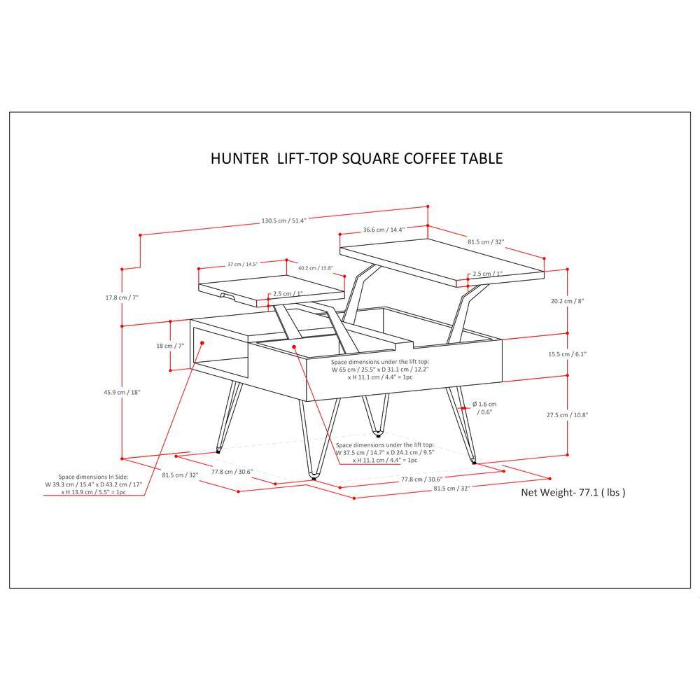 Natural Mango Wood Square Lift-Top Coffee Table with Storage