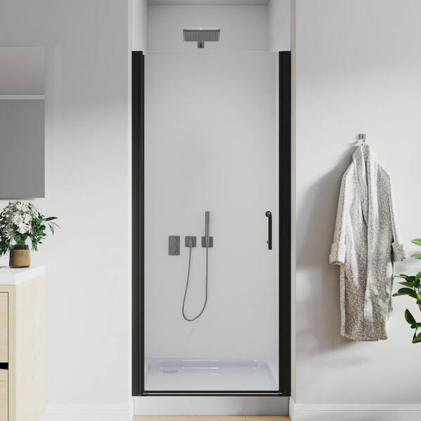 32 to 33-1/4 in. H Pivot Swing Frameless Shower Door in Black with Clear Glass