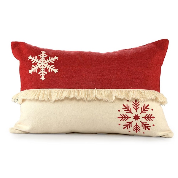 Unbranded Snowflake Red / White 16 in. x 24 in. Textured Stripe Holiday Lumbar Indoor Throw Pillow