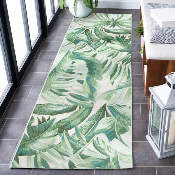 Barbados Green/Teal 3 ft. x 8 ft. Oversized Floral Indoor/Outdoor Runner Rug