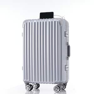 30.4 in. 28 in. Gray Silver Aluminum Hardside Spinner Luggage with USB Port, TSA Lock, Cup Holder, Travel Trolley Case