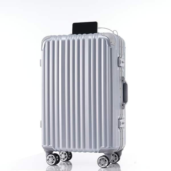 Merax 30.4 in. 28 in. Gray Silver Aluminum Hardside Spinner Luggage with USB Port, TSA Lock, Cup Holder, Travel Trolley Case