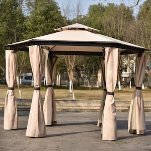 11.8 ft. W x 10.2 ft. D Aluminum Patio Outdoor Gazebo, Double Roof Soft Canopy with Mosquito Netting Suitable in Khaki