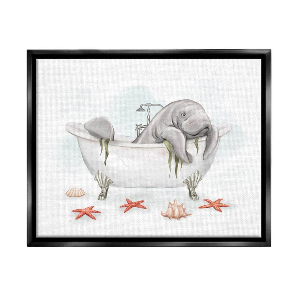 The Stupell Home Decor Collection Manatee Sea Life Swimming Bathtub Painting Design by Ziwei Li Floater Frame Typography Art Print 21 in. x 17 in.