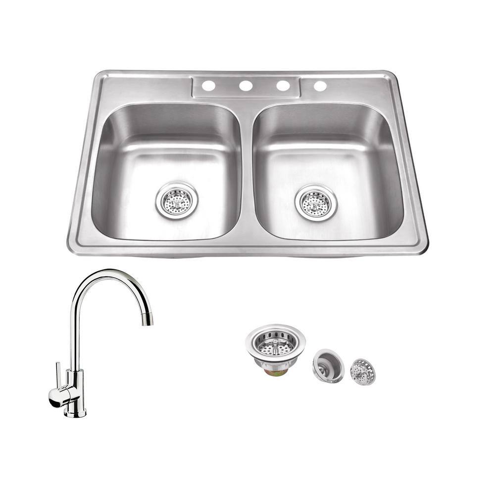 IPT Sink Company All In One Drop In 20 Gauge Stainless Steel 20 in. 20 Hole  20/20 Double Bowl Kitchen Sink with Gooseneck Kitchen Faucet ...