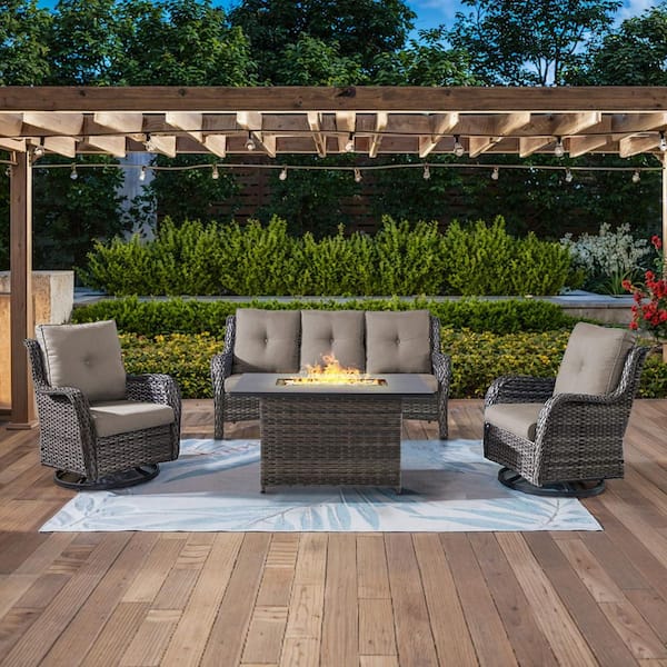 4-Piece Gray Wicker Outdoor Patio Rectangular Fire Pit Conversation Set with Gray Cushions and Swivel Rocker Chairs