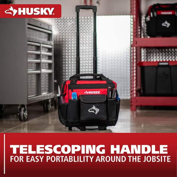Husky 14 in. 13-Pocket Red Rolling Tool Bag with Telescoping
