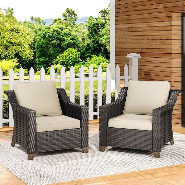 JOYSIDE Patio Wicker Outdoor Lounge Chair with Thick Baby Beige Cushions (2-Piece)