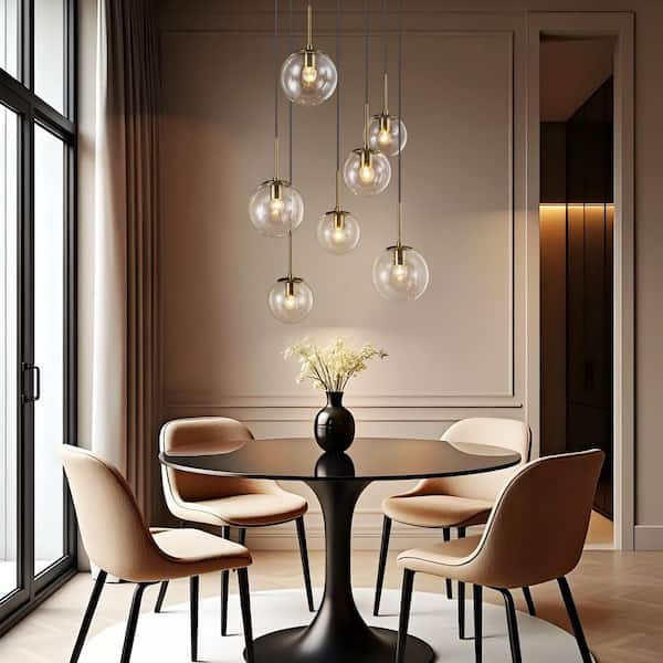 Sean 7-Light Modern Linear Cluster Gold Clear Glass Globe Bubble Chandelier Light for Stairways