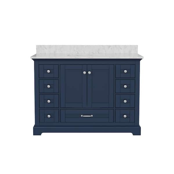 ANGELES HOME 48 in. Solid Wood Single Sink Navy Blue Bath Vanity with White Carrara Marble Top, 2 Doors, 9 Drawers, Soft Closing
