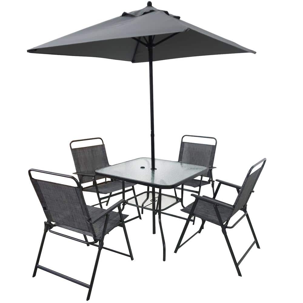 6-Piece Metal Square Outdoor Dining Set with Umbrella, 4 Folding Dining Chairs and Glass Table price history on PriceWatchPro