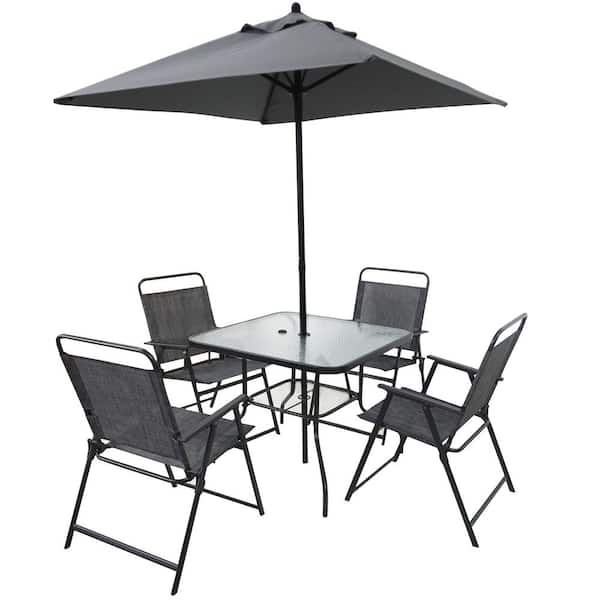 Zeus & Ruta 6-Piece Metal Square Outdoor Dining Set with Umbrella, 4 Folding Dining Chairs and Glass Table