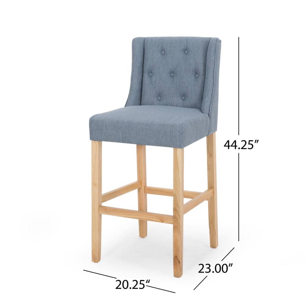 Light Blue Button Tufted Wingback Bar Stools with Natural Wood Legs, Set of 2