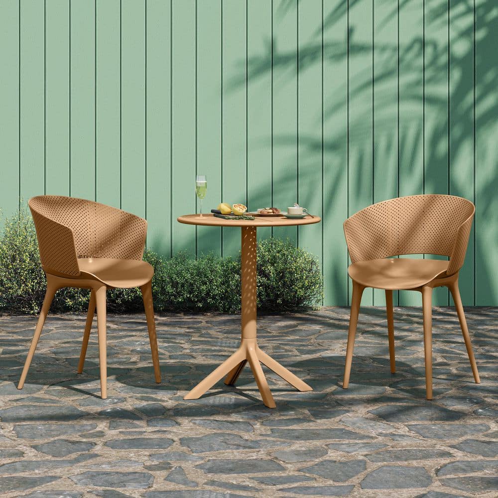 Ezra Modern Brown Yellow 3-Piece Plastic Patio Outdoor Bistro Set Lightweight Round Table and Arm Chairs