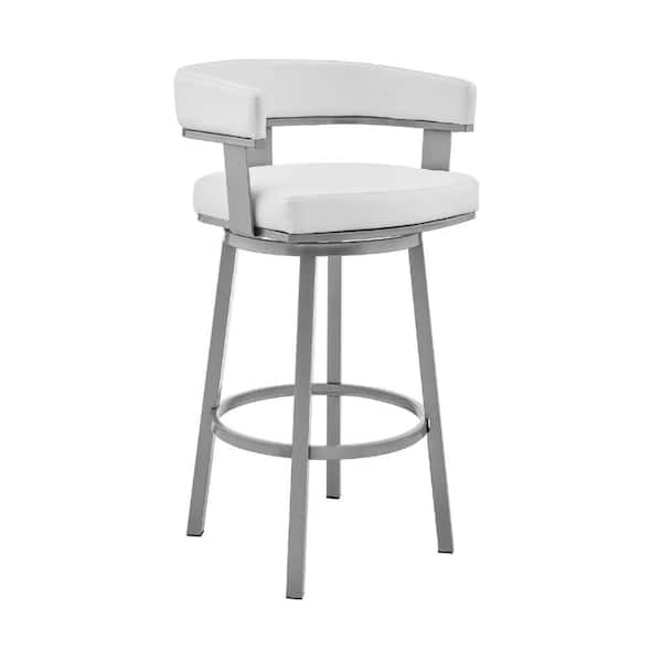 Benjara 26 in. White and Silver Low Back Metal Frame Barstool with Faux Leather Seat