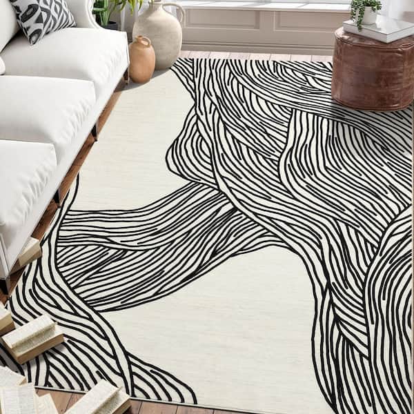 Black/White 6 ft.x9 ft. Modern Abstract Carpet Washable Rug Living Room Carpet Soft Non-Slip Imitation Cashmere Area Rug