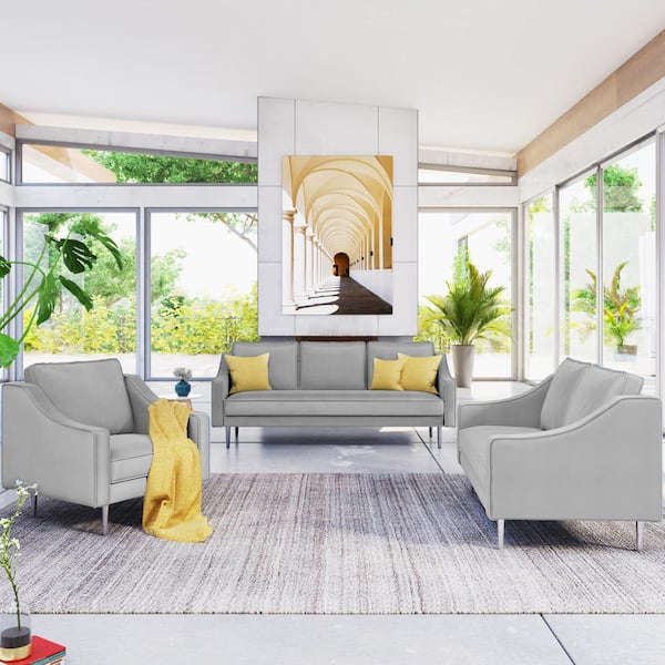 GODEER 76 in. W Slope Arm Velvet Straight Modern Style Sofa Set Velvet Upholstered Couch Furniture in Gray