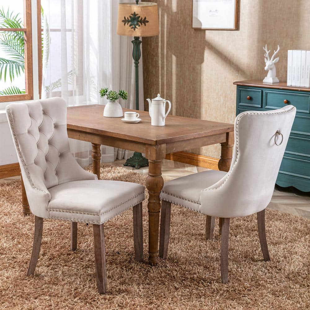 Beige Velvet Upholstered High Back Side Chairs with Wood Legs