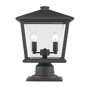 2-Light Oil Rubbed Bronze Outdoor Pier Mounted Fixture with Clear Beveled Glass Shade