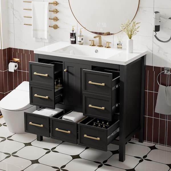 36 in. W x 18 in. D x 34 in. H Single Sink Freestanding Bath Vanity in Black with White Resin Top and Storage
