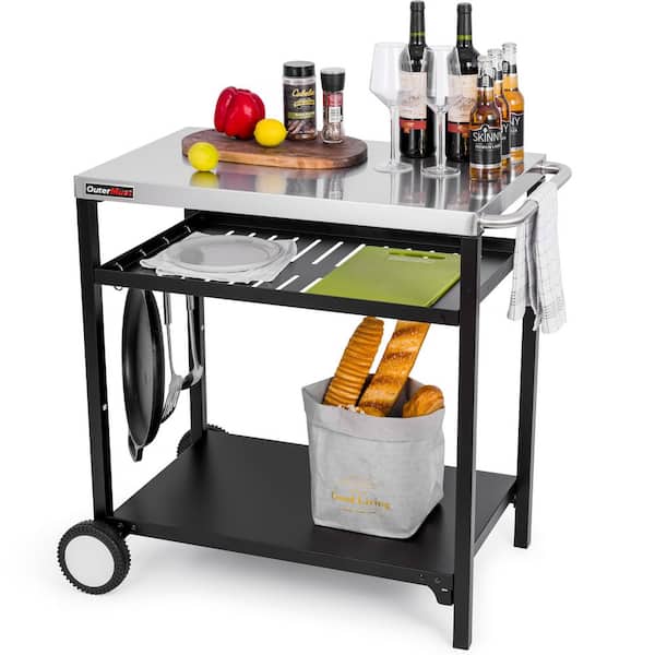 Outdoor Grill Cart Triple-Shelf Moveable Outdoor Food Prep Table, Silver and Black