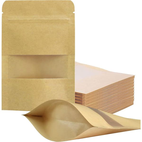 Unbranded 3.5 x 5.5 Kraft Paper Resealable Bags with Matte Window Zip Lock Food Storage Bags Stand Up Pouches 100 Piece
