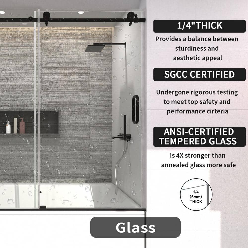 60'' Matte Black Semi-Frameless Sliding Tub Door with Clear Glass