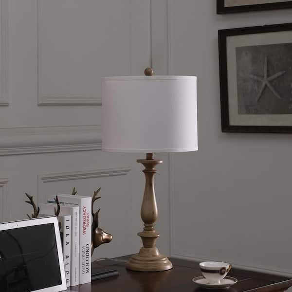 27 in. Brown Coastal Wood Effect Polyresin Table Lamp with White Drum Shade and Three-Way Switch for Bedroom, Office