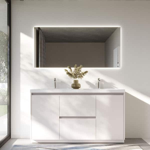 60 in. W x 20 in. D x 33 in. H Double Freestanding Vanity in Glossy White with Solid Surface Sink Top in White