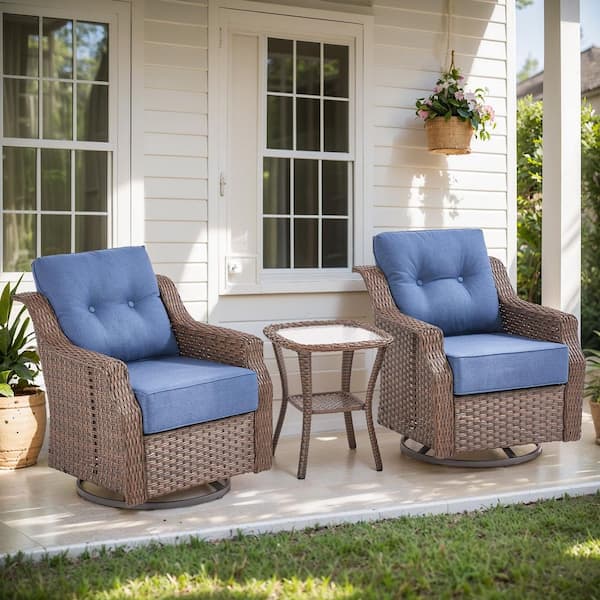 Opohoro Artisan Brown 3-Piece Wicker Swivel Rocker Patio Conversation Set with 6 in. Thick Navy Blue Cushions and Side Table