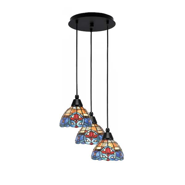 Unbranded Savannah 8 in. 3-Light Matte Black Cord Pendant Light Sierra Art Glass Shade