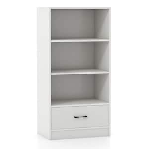48 in. Tall White Wood 3- Open Shelf Bookcase Storage Drawer Modern Freestanding Display Shelf