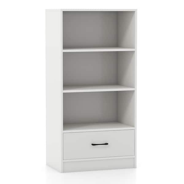 HONEY JOY 48 in. Tall White Wood 3- Open Shelf Bookcase Storage Drawer Modern Freestanding Display Shelf
