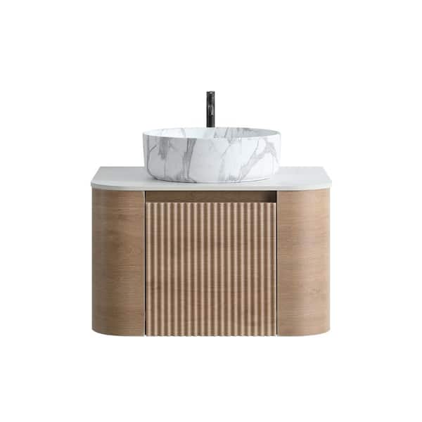 24" Wall-Mounted Bathroom Vanity with Sink, Honey Oak Cabinet, Single Carrara White Ceramic Basin with Towel Rack