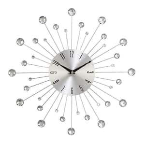 15 in. x 15 in. Silver Metal Starburst Wall Clock with Crystal Accents