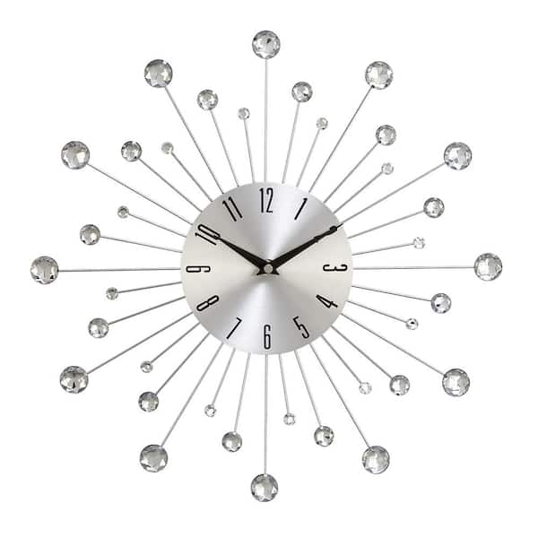 Litton Lane 15 in. x 15 in. Silver Metal Starburst Wall Clock with Crystal Accents