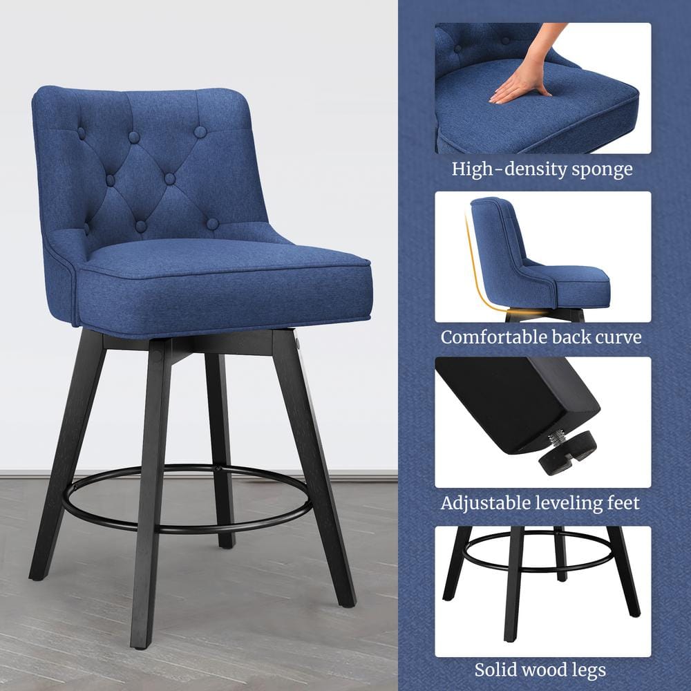 Navy Upholstered Swivel Counter Stool with Tufted Back and Metal Legs