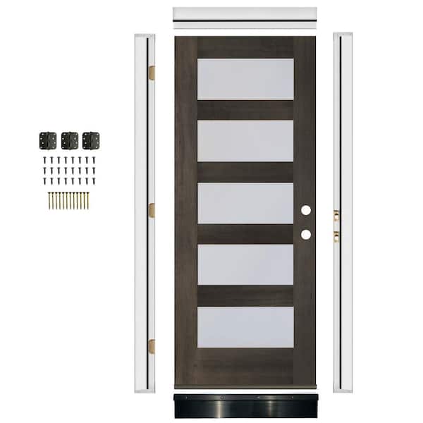 36 in. x 80 in. Modern Right-Hand 5-Lite Frosted Glass True Black Stain Mahogany Wood Front Door Kit Quick Assemble Jamb
