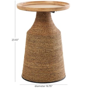 17 in. Brown Handmade Wrapped Large Round Wood End Table with Wood Tabletop