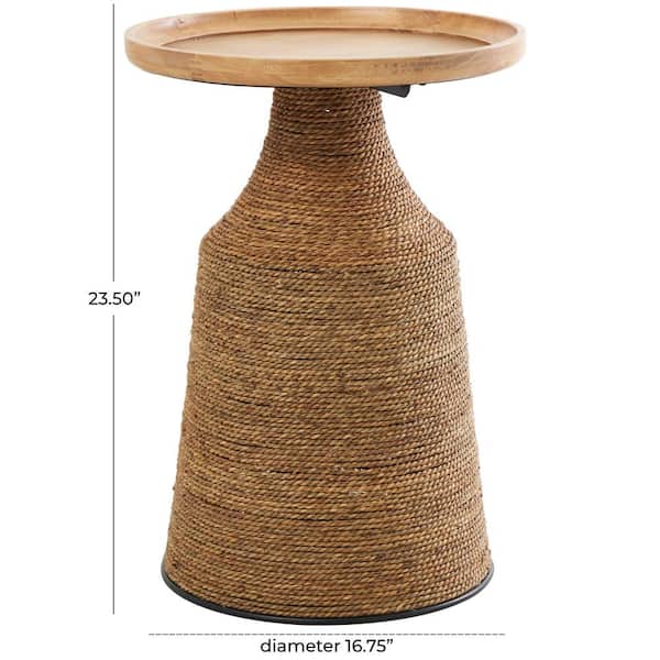 17 in. Brown Handmade Wrapped Large Round Wood End Table with Wood Tabletop