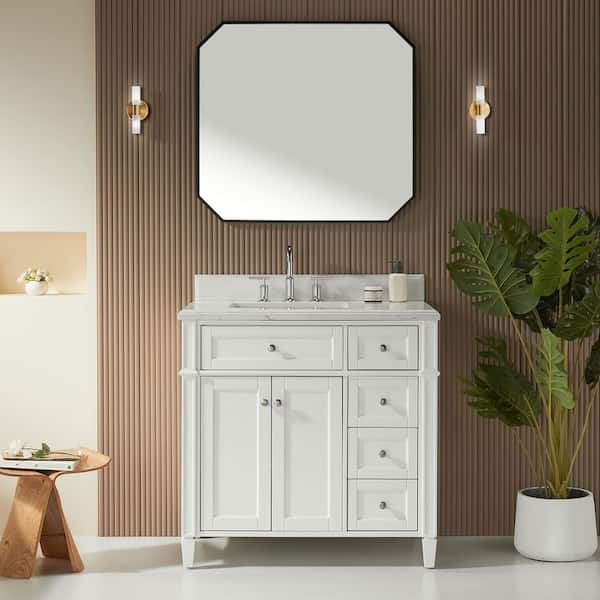 36 in. W Single Sink White Freestanding Solid Wood Bath Vanity with White Marble Top, Assembled